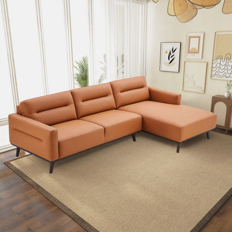 Ella Mid Century Modern L-Shaped Sectional Couch with Cognac Vegan Leather and Solid Wood Frame - sold by Home Elegance USA