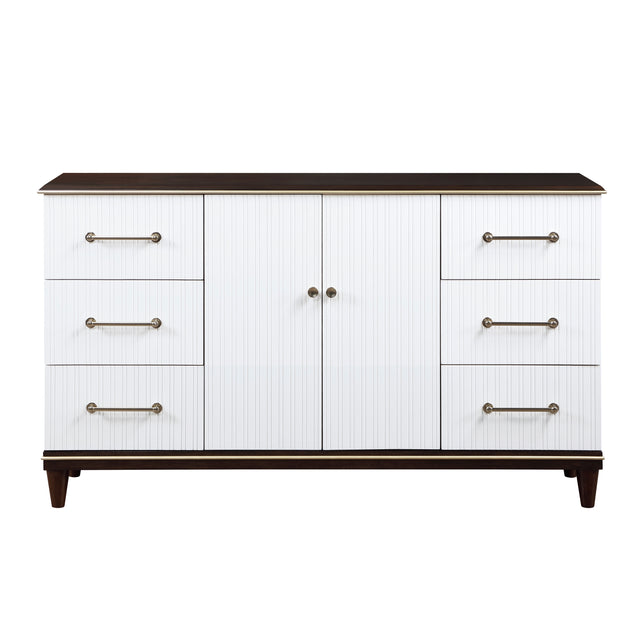 Contemporary White and Cherry Finish 1pc Dresser of 6x Drawers 2x Shelves Modern Bedroom Furniture 2-Tone Finish with Gold Trim
