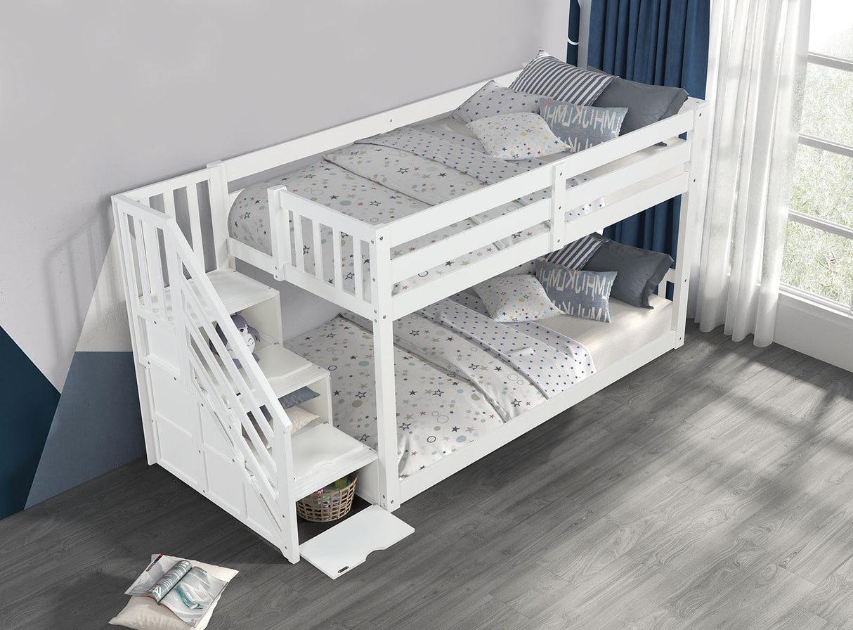 Transitional Style Twin Over Twin Low Bunk Bed Reversible Storage Drawers Staircase White Finish Mattress Ready Bedroom Furniture - sold by Home Elegance USA
