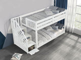 Transitional Style Twin Over Twin Low Bunk Bed Reversible Storage Drawers Staircase White Finish Mattress Ready Bedroom Furniture - sold by Home Elegance USA