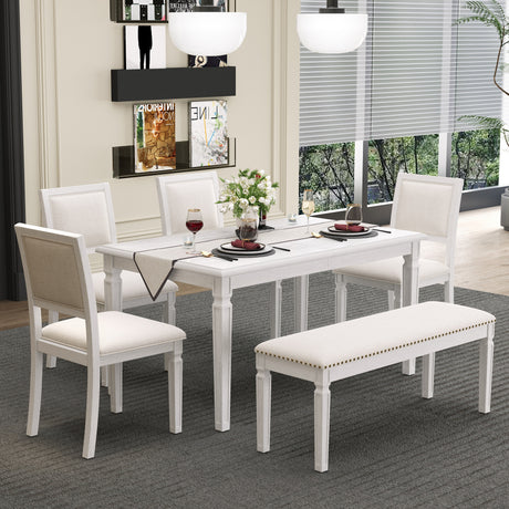 TREXM Vintage Extendable Dining Table Set for 6 with 4 Chairs & Bench, 59 to 72-Inch Rustic Farmhouse Kitchen Table Set with Distressed Finish and Retro Carved Legs (Washed White) - sold by Home Elegance USA
