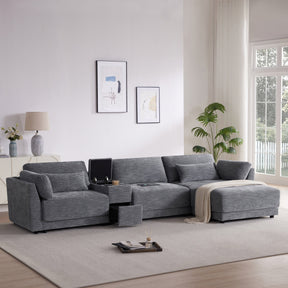 124'' L-Shaped Sectional Sofa with Multi-Functional Storage Console, Wired&Wireless Charger, Movable Ottoman, Wider&Thicker Cushion, Free Combination for Living Room&Apartment, Chenille - sold by Home Elegance USA