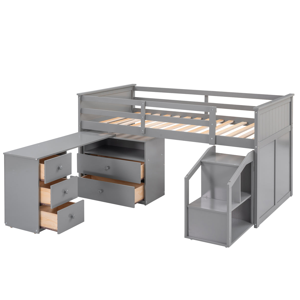 Loft Bed Low Study Twin Size Loft Bed With Storage Steps and Portable,Desk,Gray(OLD SKU: LT000101AAE) - Home Elegance USA