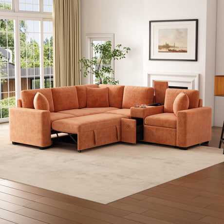 120.5' L-shaped Convertible Sofa Bed Modular Sectional Sofa Reversible Sleeper with Pull-Out Bed, Cup Holders, and Ample Storage Space for Living Room(Old SKU:N719S001940G), Orange - sold by Home Elegance USA