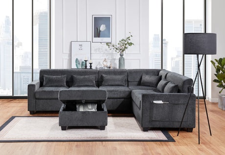 Trevi 115'W Gray Chenille Sectional Sofa with Adjustable Backrest, Charging Ports, Pockets, Tufting, Storage Ottoman, Throw Pillows - sold by Home Elegance USA