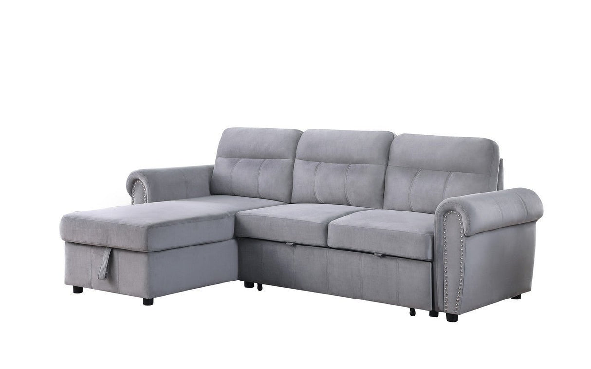 Ashton Gray Velvet Fabric Reversible Sleeper Sectional Sofa Chaise | Home Elegance USA