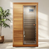 Mini sauna de cedro rojo para una persona con puerta de vidrio infrarrojo lejano a la derecha de la sala de sauna interior