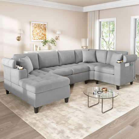 Modern U-shaped Sectional Sofa 115.7' Corner Living Room Couch with Built-in Cup Holders, Storage, USB Ports in Light Grey Chenille Fabric - sold by Home Elegance USA