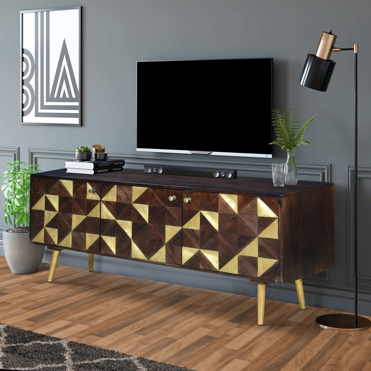 56 Inch Wooden TV Console with Geometric Front 3 Door Cabinets, Dark Brown, Gold Home Elegance USA