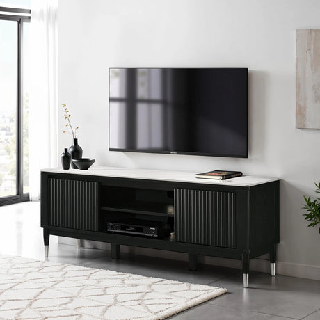 Contemporary Style TV Console Sintered Stone Top Silver Capped Arrow Legs Open Shelves Black And White Finish Primary Living Room - sold by Home Elegance USA
