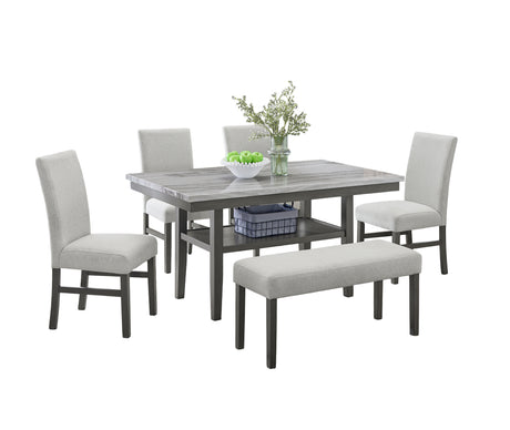 Selena 6-Piece 60' Rectangular Gray Faux Marble Dining Set with 4 Upholstered Chairs & Bench, Gray Finish - sold by Home Elegance USA