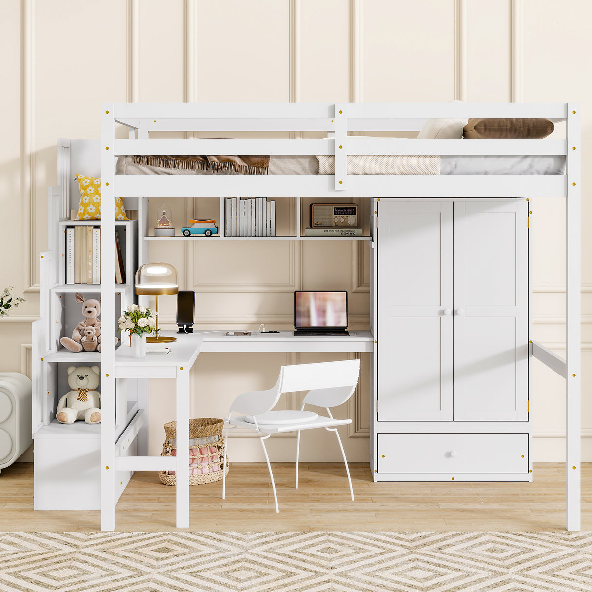 Full Size Loft Wood Bed with Desk, Book shelves and Wardrobe with Doors and Drawer, Built-in Staircase with Storage Shelves, Loft Bed with Safety Guardrails and Solid Slats,White