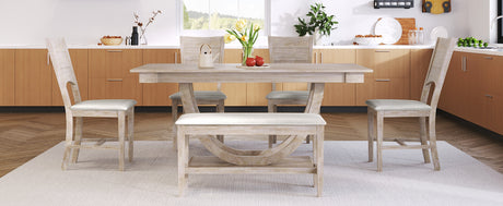 TOPMAX Modern Style Natural Wood 6-Piece Dining Table Set with Bench and Chairs, Upholstered Seats, Rubberwood Frame - sold by Home Elegance USA