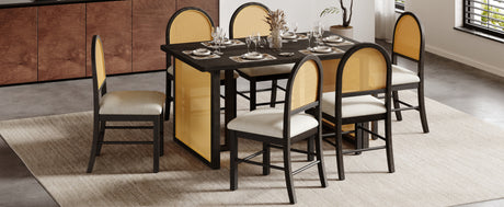 TREXM 7-Piece Farmhouse Dining Table Set for 6 - 59.8' Rectangular Dining Table with Distressed Oak Veneer and 6 Rattan Chairs, Rustic Kitchen Furniture for Dining Room(Espresso) - sold by Home Elegance USA