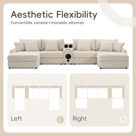 141.5*64'' Corduroy Sectional Sofa with Bluetooth Speakers, U-Shaped Couch with Console, USB Charger, Cup Holders, Storage, Ottoman, Deep and Wide Seat Cloud Sofa for Living Room&Apartment - sold by Home Elegance USA