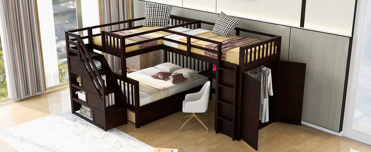 Twin-Twin over Full L-Shaped Bunk Bed With 3 Drawers, Portable Desk and Wardrobe, Espresso - Home Elegance USA