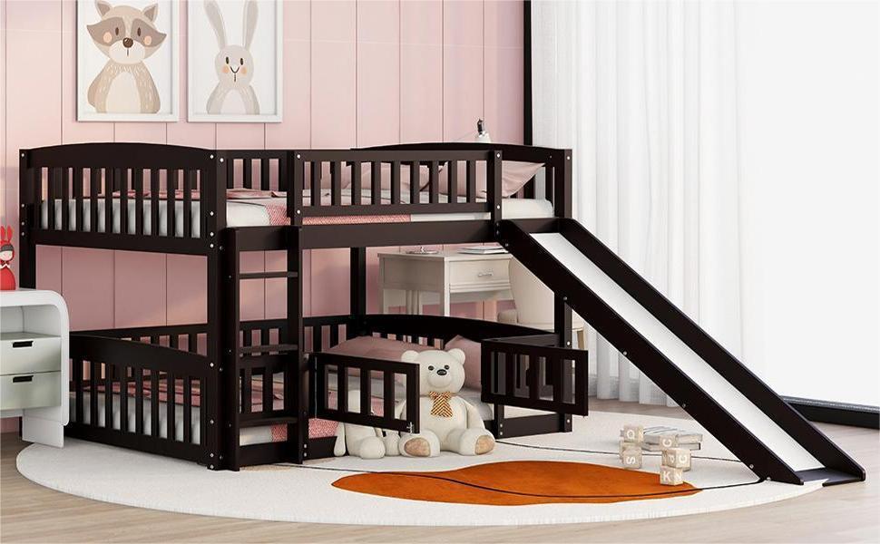 Bunk Bed with Slide,Full Over Full Low Bunk Bed with Fence and Ladder for Toddler Kids Teens Espresso - LT000182AAP - Home Elegance USA - 4