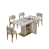 Modern 63' 4-6 Person Dining Table Set with Storage, Burnt Stone Top & Gold Solid Wood Base, Includes 4 White PU Chairs for Kitchen, Apartment