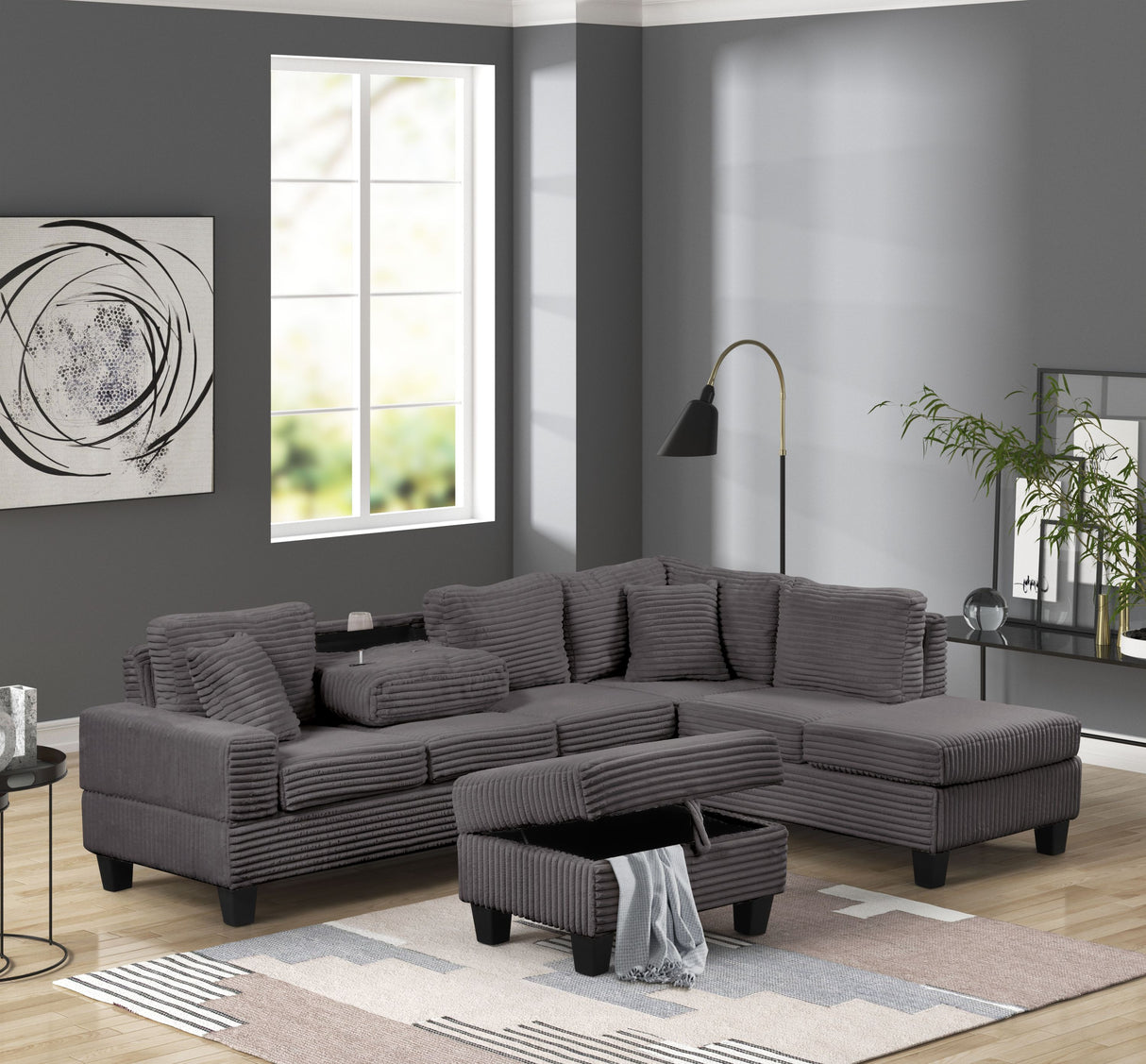 Modern Style Recliner Sectional Sofa Made With Wood in Gray