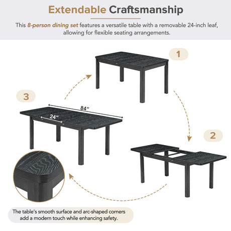 TOPMAX Rustic Extendable Dining Table Set with Removable Leaf, Upholstered Dining Chairs, Black, Rubberwood, 84 Inch - sold by Home Elegance USA