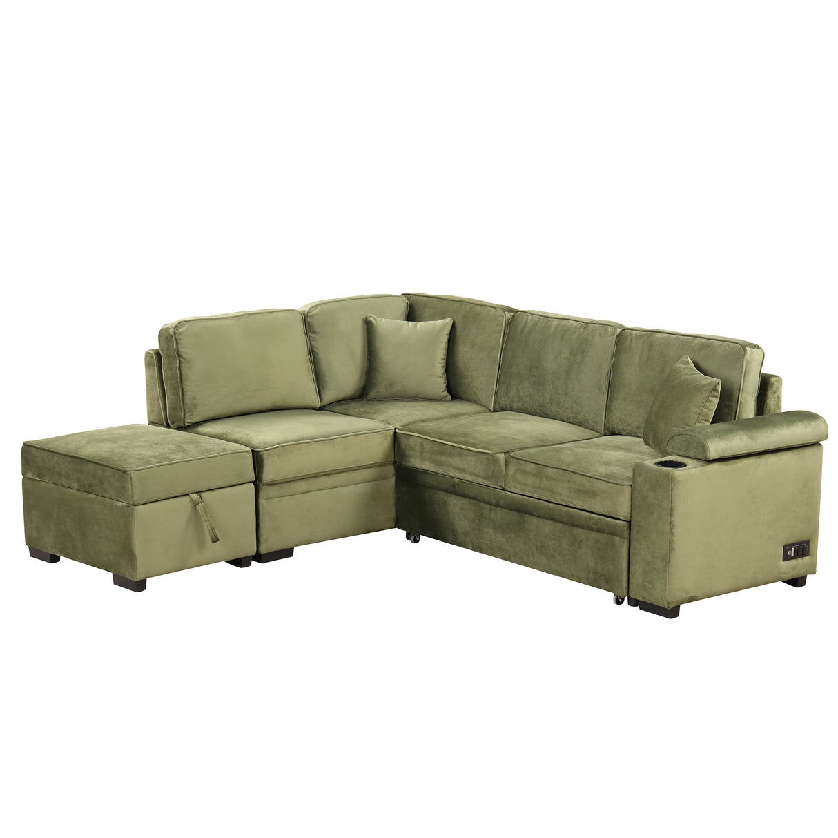 Green Velvet Sleeper Sofa Bed with Storage Ottoman, L Shape Pull Out Couch for Living Room and Bedroom