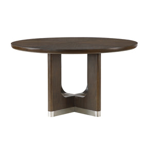 Modern Round Dining Table Durable Unique Metallic Accent Base Brown Finish Wooden Dining Furniture 1pc