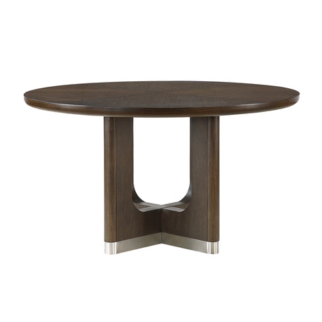 Modern Round Dining Table Durable Unique Metallic Accent Base Brown Finish Wooden Dining Furniture 1pc