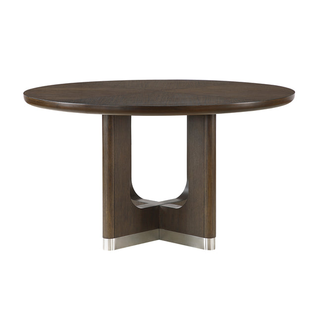 Modern Round Dining Table Durable Unique Metallic Accent Base Brown Finish Wooden Dining Furniture 1pc
