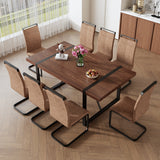 Table and chair set.Industrial Style Walnut-Colored Rectangular Dining Table - 71'x39.3' Large Size.Paired with 8 brown technology fabric chairs with Featuring arched black Metal legs.