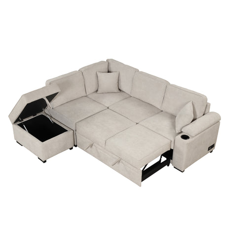 2 in 1 Sleeper Sofa Bed with Storage Ottoman, Beige Linen Upholstery, 84.75' L Shape Couch for Small Spaces - sold by Home Elegance USA