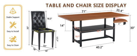Table and chair set.71*35.4 inch Walnut Grain Spliced Dining Table With Storage Function In The Middle Of The Table Legs.Paired with 8 black PU dining chairs with ergonomic buckle backrest. - sold by Home Elegance USA