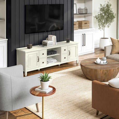 Connaught 72 inch Wide Solid Wood TV Stand in Antique White For TVs up to 80 inches - sold by Home Elegance USA
