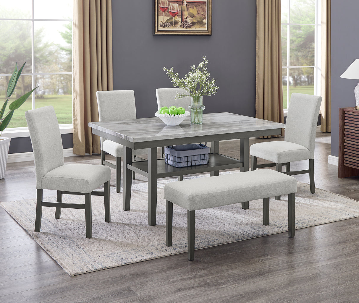 Selena 6-Piece 60' Rectangular Gray Faux Marble Dining Set with 4 Upholstered Chairs & Bench, Gray Finish