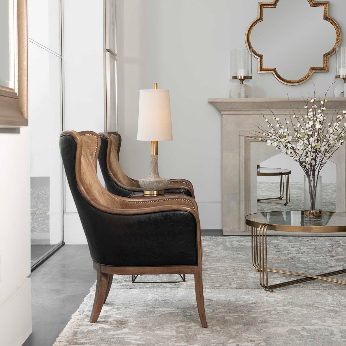 Quince Blossoms Silk Centerpiece, Plant In A Clear Glass Vase - Dark Brown / White by Uttermost - View 4