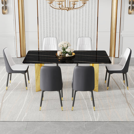 Table and chair set.The table has a glass top with imitation marble pattern stickers and stainless steel golden legs. Paried with 6 White and Dark Gray Spliced Color PU Dining Chairs. W1151S01558 - sold by Home Elegance USA