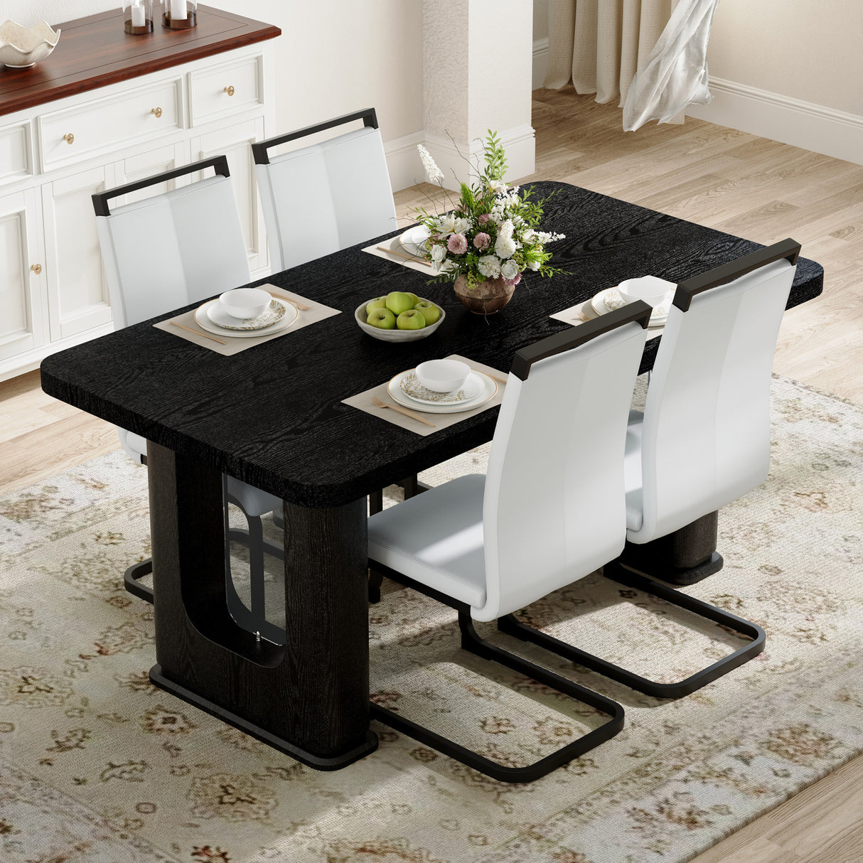 Juego de mesa y sillas. Mesa de comedor con textura de color madera negra elegante de 64,5 x 35,4 pulgadas. Combina con 4 sillas de PU blancas con patas negras arqueadas. Exuda un fuerte sentido de la moda.