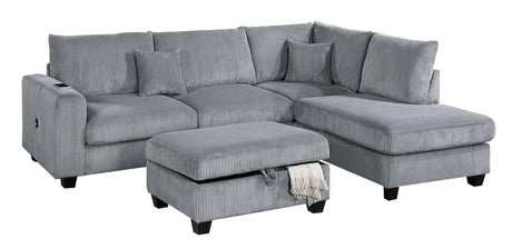 Contemporary 3pc Sectional Set Fog Color Corduroy Couch LAF Sofa RAF Chaise Ottoman L-Sectional Living Room - sold by Home Elegance USA