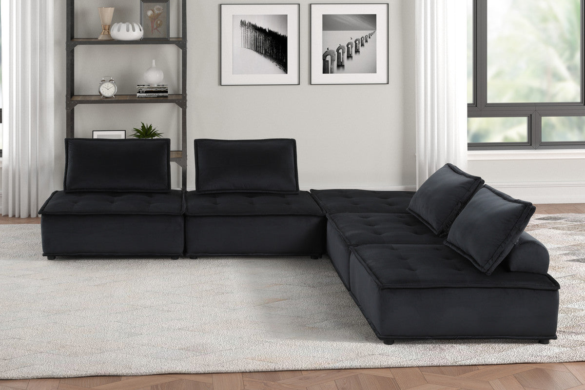 Aveline 120'W Black Velvet 5 Pc Sectional Sofa