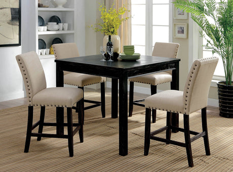 Rustic Style 5pc Counter Height Dining Table Set 1x Table 4x Chairs Fabric Chairs Bold Distressed Detail Nailhead Trim Antique Black Finish - sold by Home Elegance USA