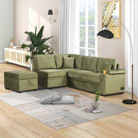 Green Velvet Sleeper Sofa Bed with Storage Ottoman, L Shape Pull Out Couch for Living Room and Bedroom - sold by Home Elegance USA