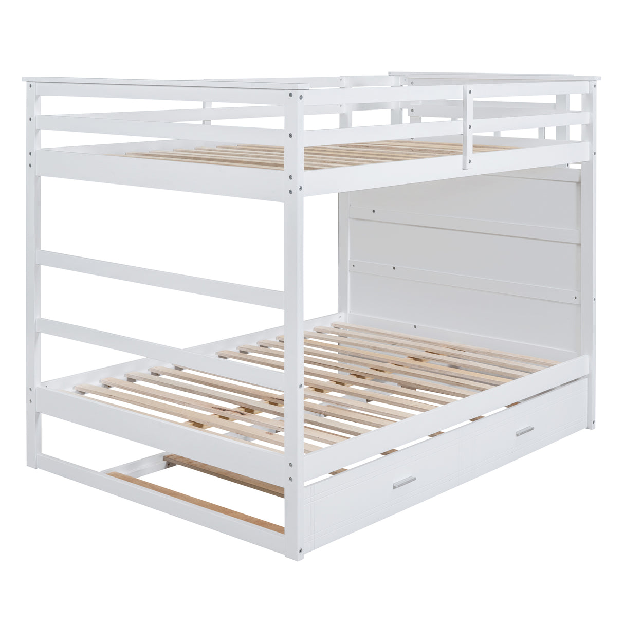 Full Over Full Bunk Bed with Twin Size Trundle and Staircase, White - Home Elegance USA