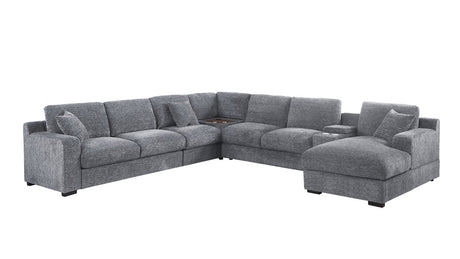 Chiara 141.5'W Light Gray Chenille Fabric Corner Sectional Sofa with Right-Facing Chaise, Cupholders, and Charging Ports - sold by Home Elegance USA