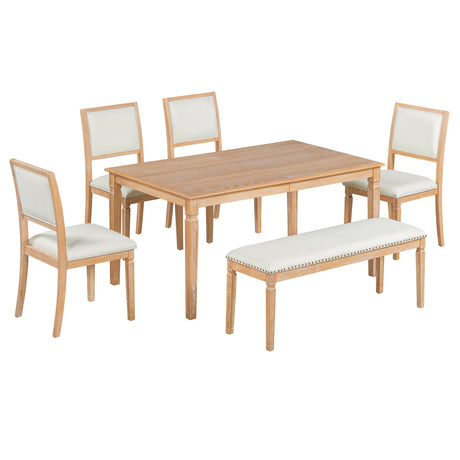 TREXM Vintage Extendable Dining Table Set for 6 with 4 Chairs & Bench, 59 to 72-Inch Rustic Farmhouse Kitchen Table Set with Distressed Finish and Retro Carved Legs (Natural Wood Wash) - sold by Home Elegance USA