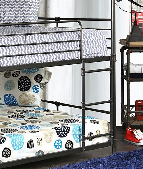 Industrial Style Bunk Bed Full Over Full Over Full Attached Dual Ladder Metal Structure Pipe Framework Upper Guard Rails Antique Black Finish - sold by Home Elegance USA