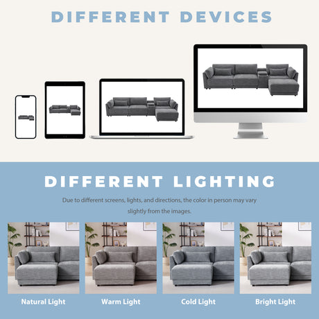 124'' L-Shaped Sectional Sofa with Multi-Functional Storage Console, Wired&Wireless Charger, Movable Ottoman, Wider&Thicker Cushion, Free Combination for Living Room&Apartment, Chenille - sold by Home Elegance USA