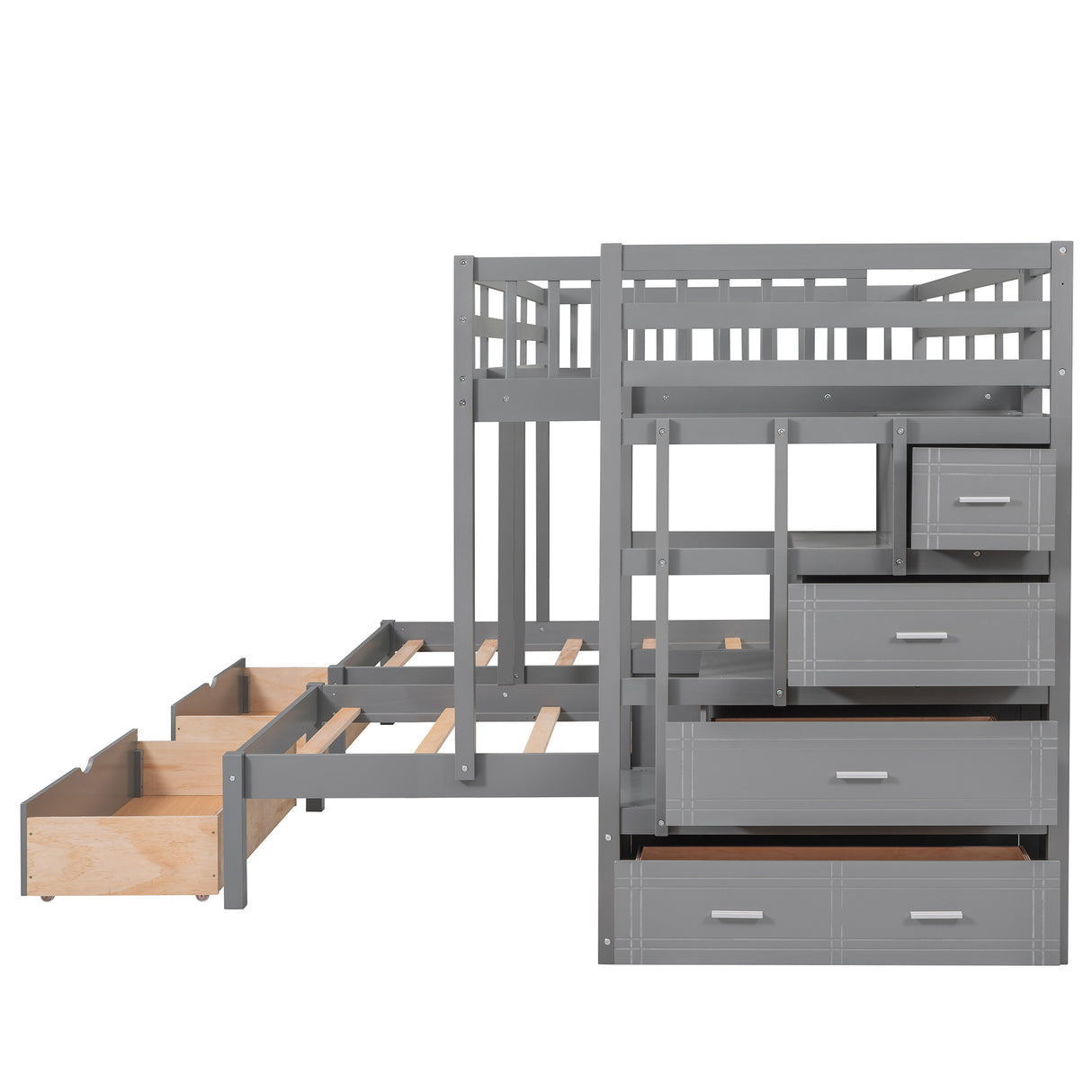 Full Over Twin & Twin Bunk Bed, Wood Triple Bunk Bed with Drawers and Guardrails (Gray) - sold by Home Elegance USA