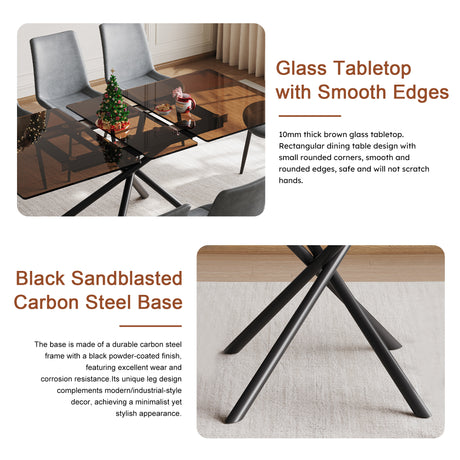 59-inch Expandable Dining Table Set with 8 Gray Ergonomic Chairs, Black Sandblasted Glass Top & X-Base, 4-6 Seater Modern Dining Set for Small Spaces, Kitchen and Apartment - sold by Home Elegance USA