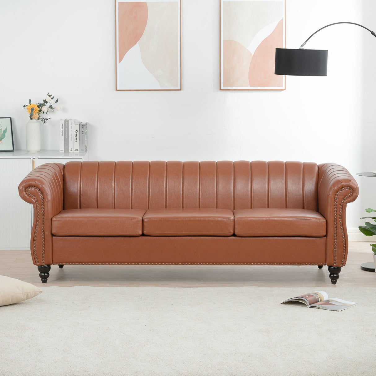 83.46" Brown PU Rolled Arm Chesterfield Three Seater Sofa. - W68033868 - image - 1