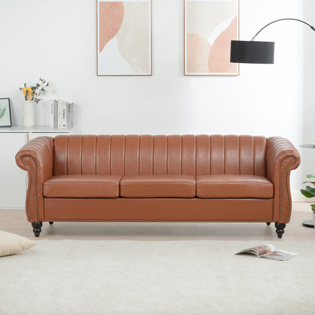 83.46" Brown PU Rolled Arm Chesterfield Three Seater Sofa. | Home Elegance USA