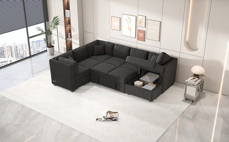 U-shaped Sectional Sofa Pull Out Bed with USB Ports, Power Sockets, Back Pillows & Storage Chaise, Black Chenille, 108.6' - sold by Home Elegance USA
